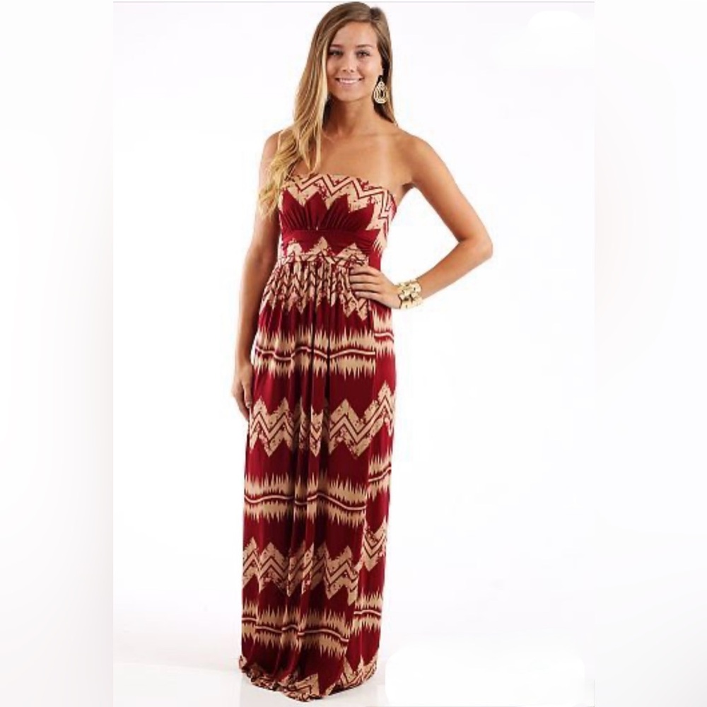 Elegant Strapless Red and Cream Maxi Dress